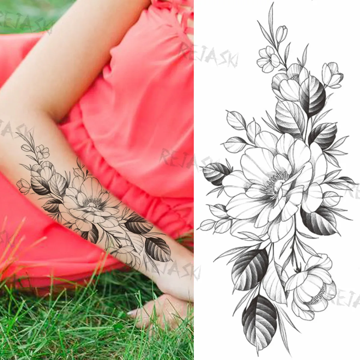 Sexy Snake Flower Fake Temporary Tattoo For Women Black Sunflower Tattoos Bloosom Big Daisy Camellia Water Transfer Tatoos Legs