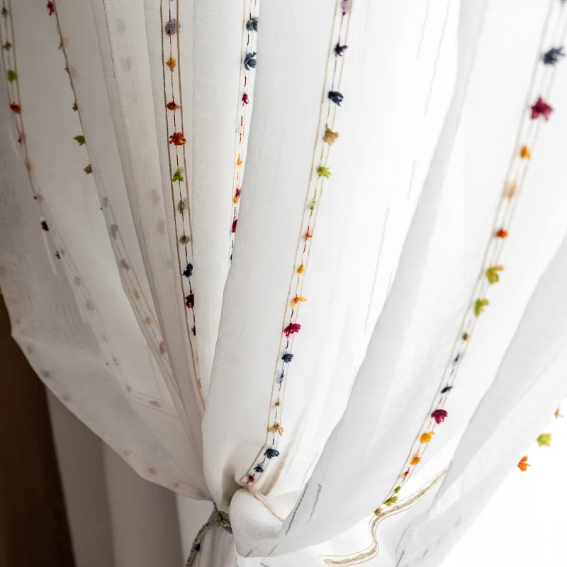 White Embroidered Linen Tulle Window Curtains for Living Room Colorful Stripe Sheer Voile Curtain for Bedroom Drapes Blind Decor