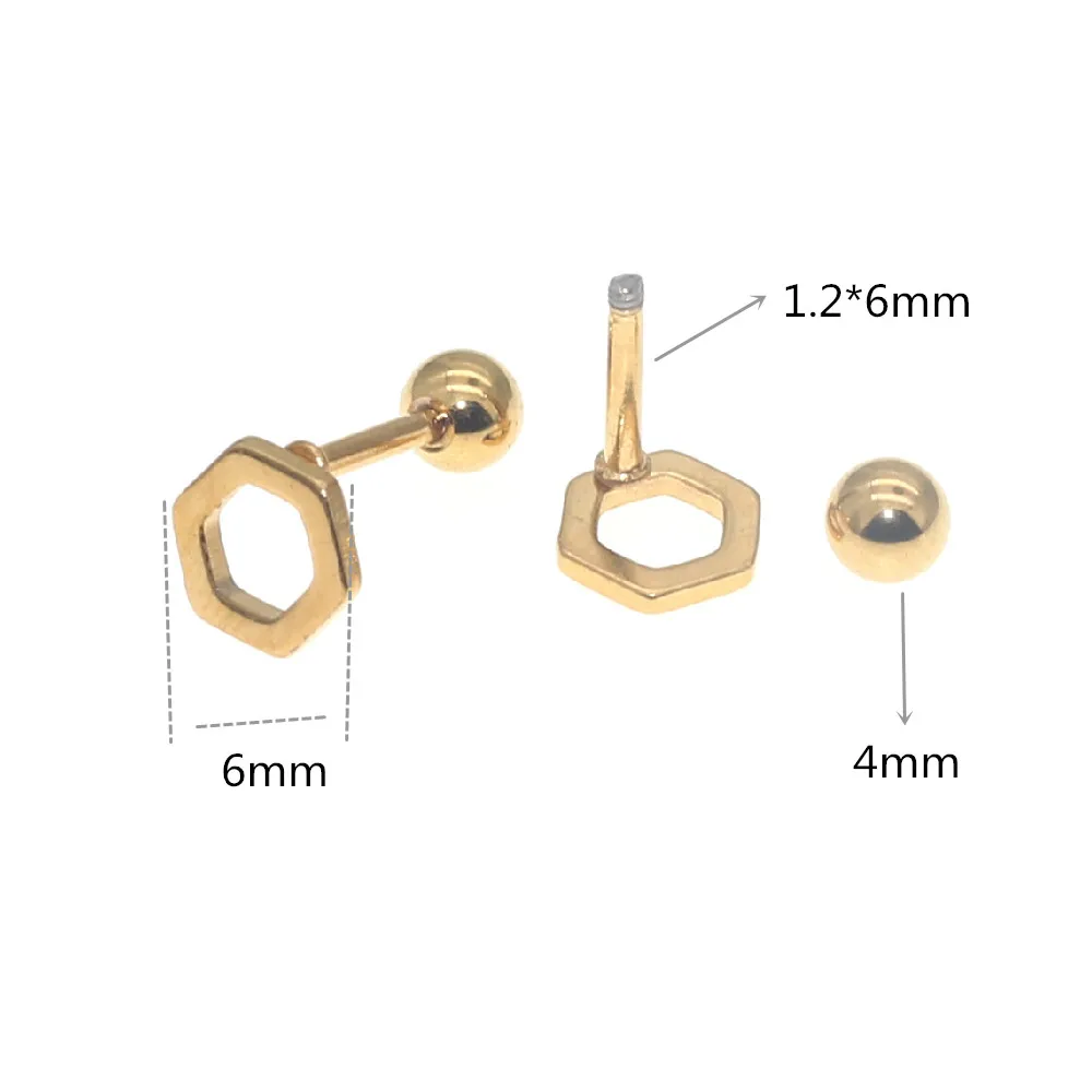 1pair 316 L Stainless Steel Gold-color Plated Brief Geometric Screw-back Stud Earrings Allergy Free No Easy Fade