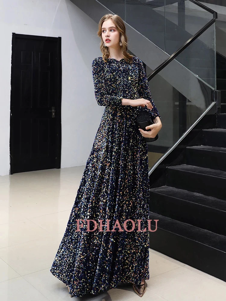 FDHAOLU FU98 Muslimischen Long Sleeves Prom Kleider 2023 Elegante A-line bodenlangen Pailletten Frauen Formale Kleider Für Abend Party kleid