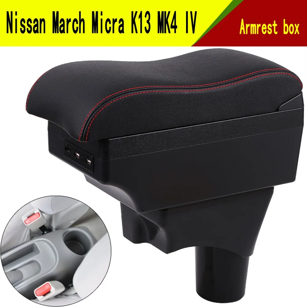 For Nissan March Micra sunny Armrest Box central Store content Storage box with cup holder USB interface