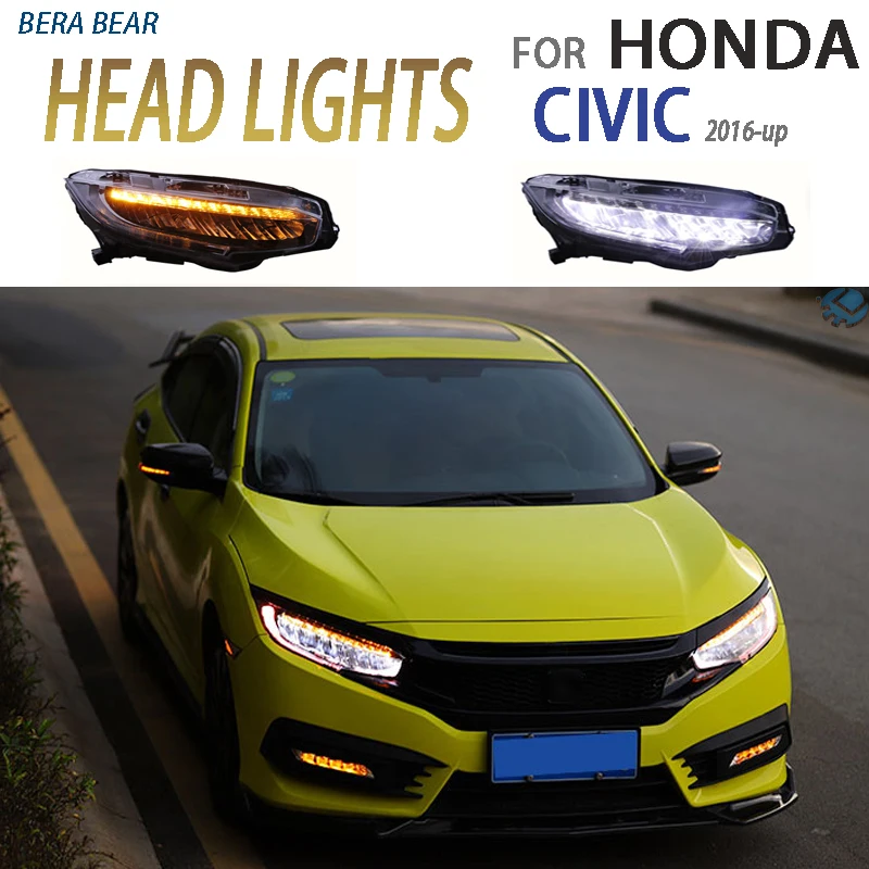 

BERABEAR Стайлинг автомобиля светодиодный ные фары для Honda Civic фары 2016-2020 фары светодиодный ные ДХО ходовые огни дальний и ближний свет