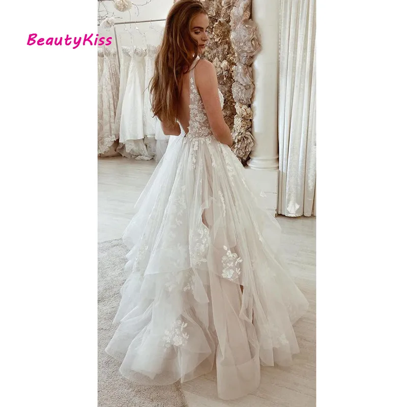 Robe de mariée de style Boho en Tulle, coupe trapèze, col en v, grandes tailles, avec des Appliques en dentelle, dos nu, longues robes de fête de