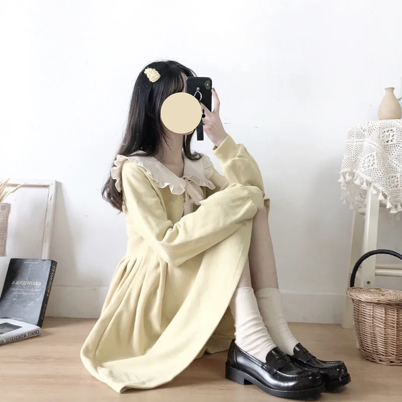 Vestido Casual Lolita Kawaii para mujer, vestido de punto amarillo de manga larga, cuello Peter Pan, corbata de lazo, lindo japonés, niñas adolescentes, Invierno