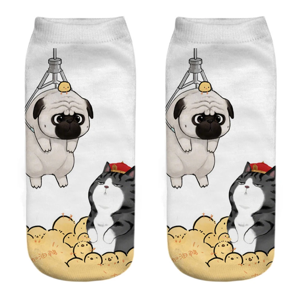 1 Pair Cute Cartoon Funny 3D Print Happy Love Cat with God Daily Life Unisex Socks Creative Proud Pug Kitten Women's Ankle Socks