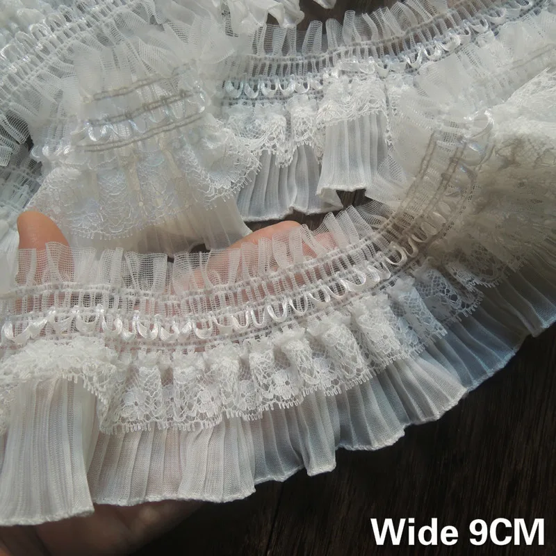 9CM Wide Beautiful White Black Stretch Lace Chiffon Fabric Dress Collar Ruffle Trim Ribbon DIY Sewing Wedding Guipure Lace Decor