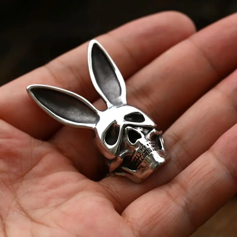 Retro Mens Ring Personality Funny Rabbit Ears Mask Skull Punk Hip Hop Rap Street Dance Jewelry