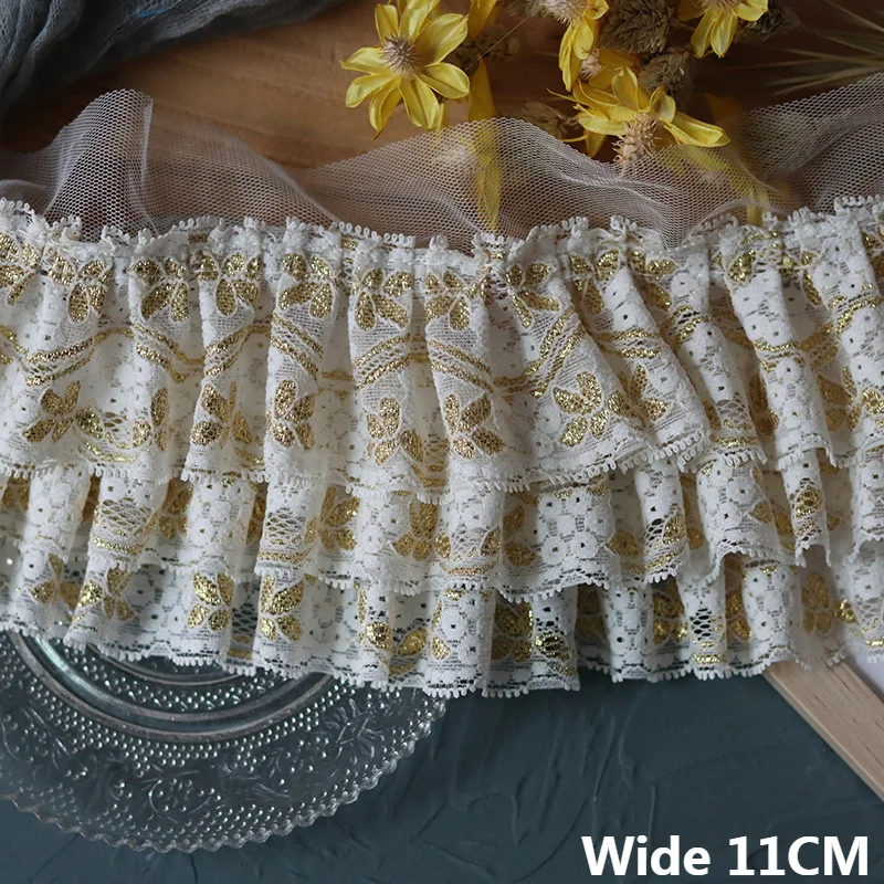 11CM Wide Three Layers Gold Silk Embroidered Lace Applique Ribbon Dress Collar Ruffle Trim Wedding Fluffy Dress DIY Sewing Decor