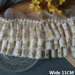 11CM Wide Three Layers Gold Silk Embroidered Lace Applique Ribbon Dress Collar Ruffle Trim Wedding Fluffy Dress DIY Sewing Decor