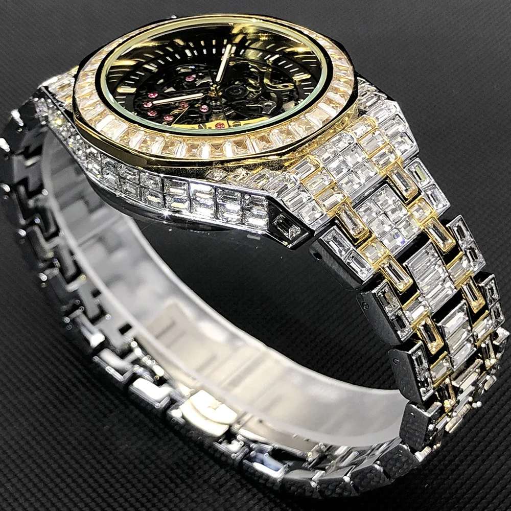 MISSFOX Hip Hop Mechanical Mens Watches Luxury Iced Out Stainless Steel Automatic Wristwatch For Men Jewelry Relógio masculino