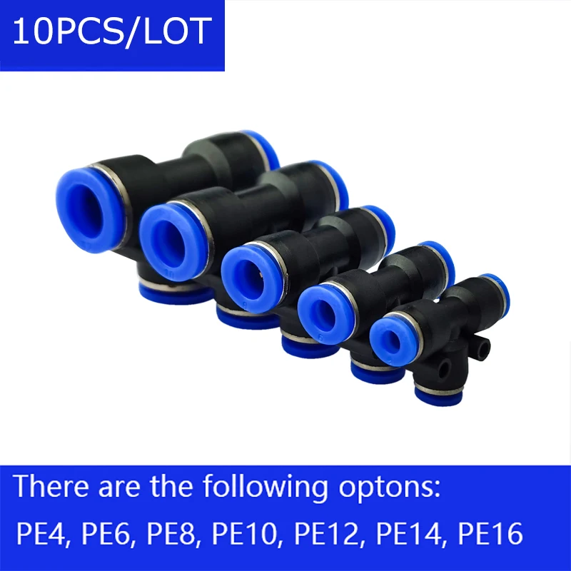 4-10pcs PE4 PE6 PE8 PE10 PE12 PE14 PE16 Pneumatic Fittings 4mm to 4mm T Type One Touch Push In AIR Hose Quick Release Fitting