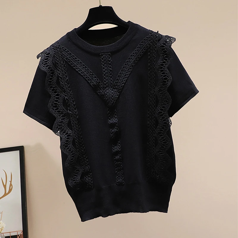 2022 White Summer New Korean Style Lace Panel Short-Sleeve T-shirt Black Tshirt Women\'s Casual Round Neck T-shirts Tees Tops