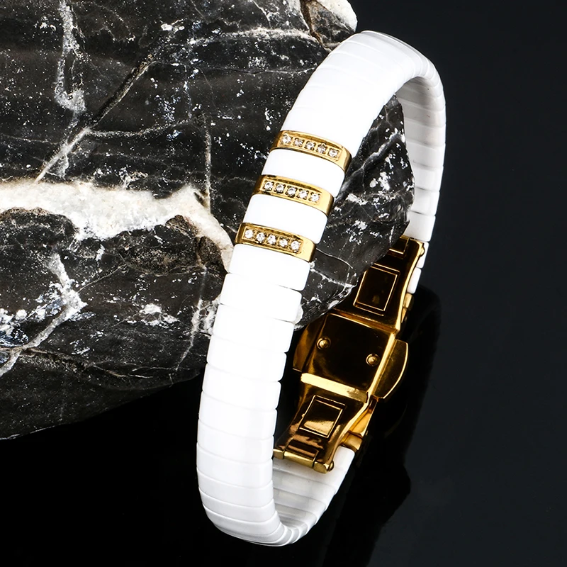 Fashion Women Ceramic Jewelry Set White Black Ceramic Earrings And Classic Bracelet Gold Color Stainless Steel Wedding Jewllery