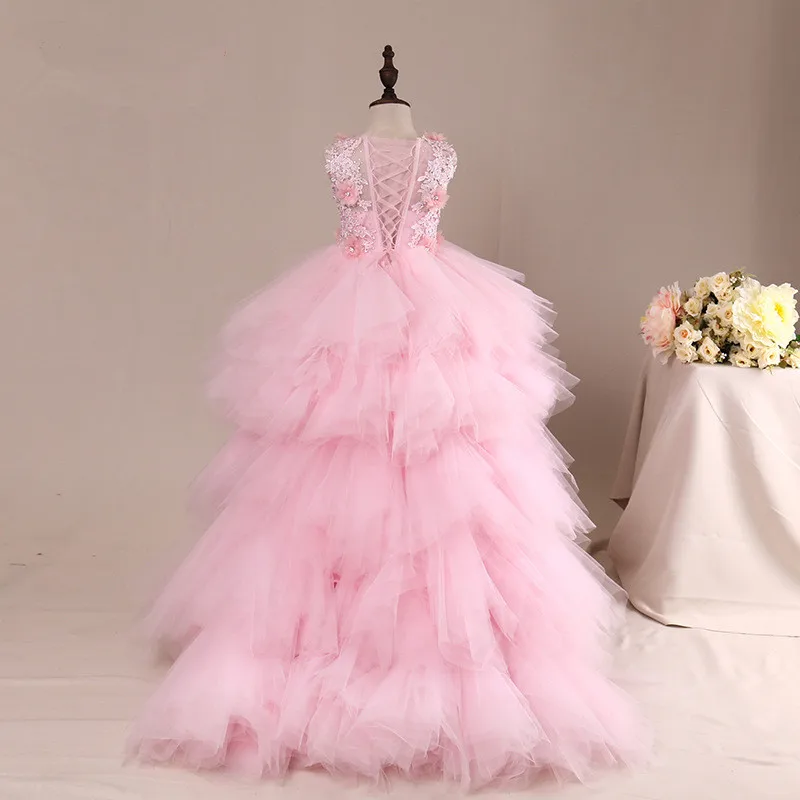 Fancy Flower Girl Dress with Train 2024 Children Show Performance Costume Kids Long Mermaid Tulle Pink Gowns Boutique Clothes