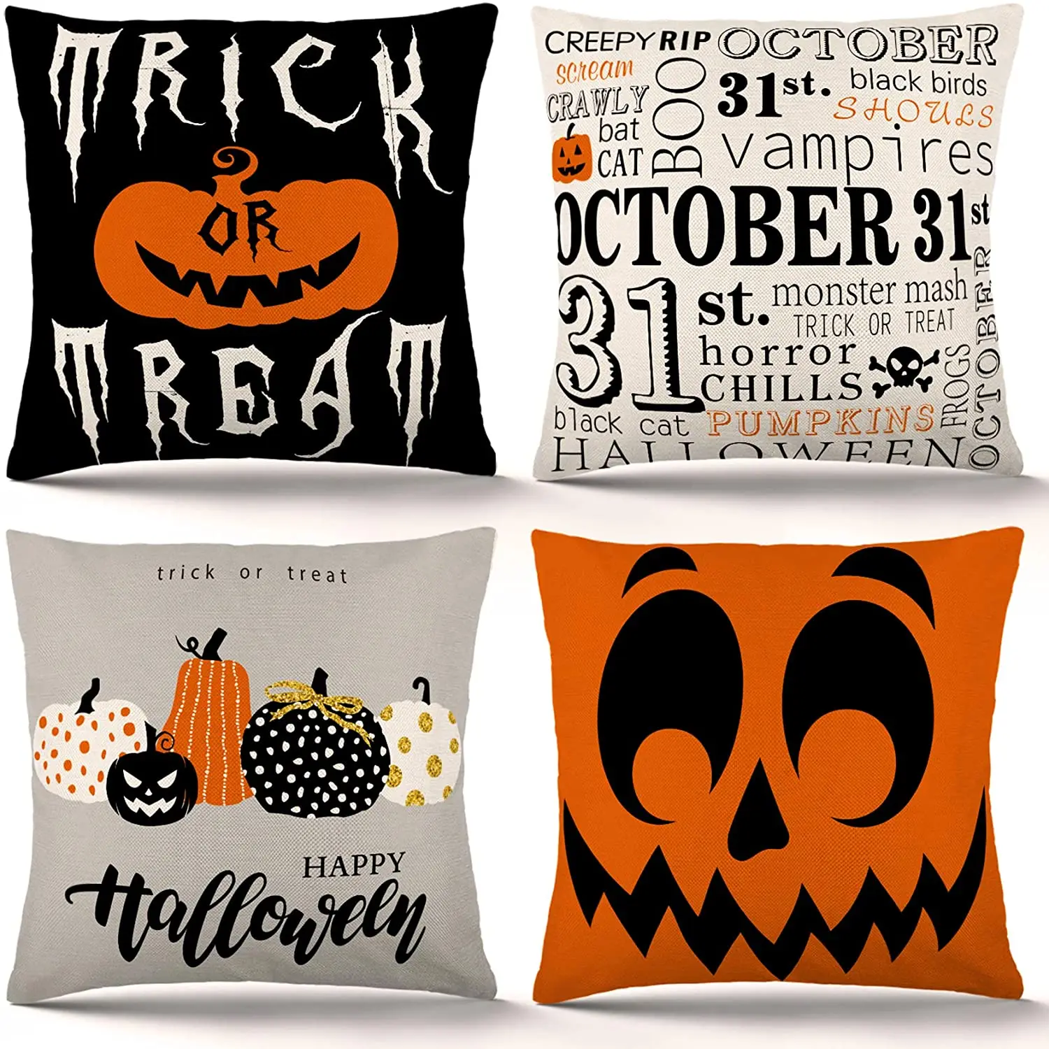 Halloween Pillow Covers 18x18 Inch Set of 4 Trick or Treat Pumpkin Pillow Covers Holiday Rustic Linen Pillow Case for Sofa Couch