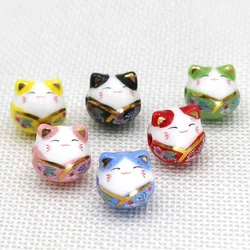 5pcs Hand Painted Lucky Cat Ceramic Beads 15mm Loose Smile Kitten Head Ceramics Bead For Jewelry Making DIY Bracelet Accessories