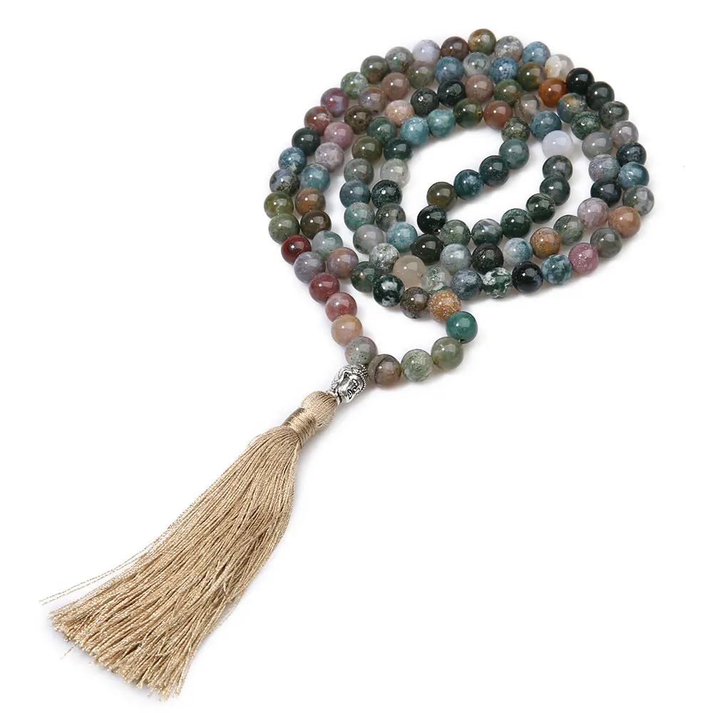 8mm Natural Indian Agate Beaded Buddha Head Necklace 108 Japa Mala Meditation Yoga Peaceful Jewelry Men\'s and Women\'s Amulet