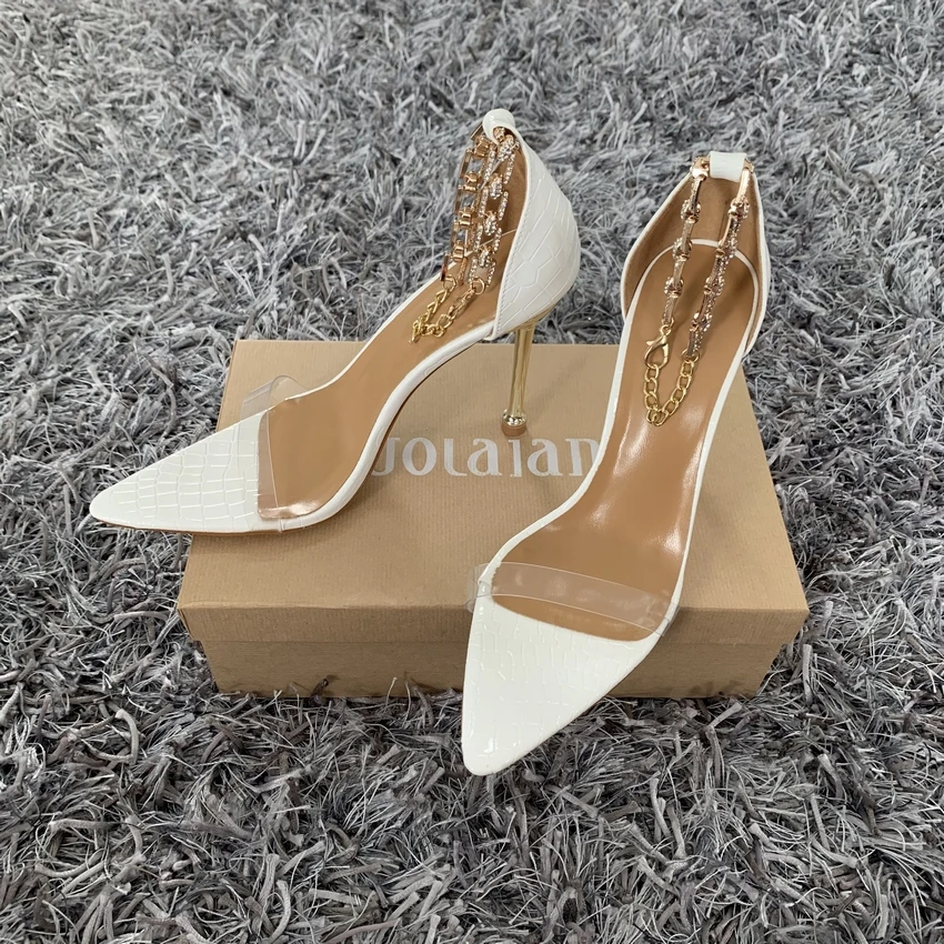 Crystal Rhinestone Chain Rome Sandals Women Pointed Toe Metal Heel Stilettos High Heels Sandals Summer Party Pumps Shoes Woman