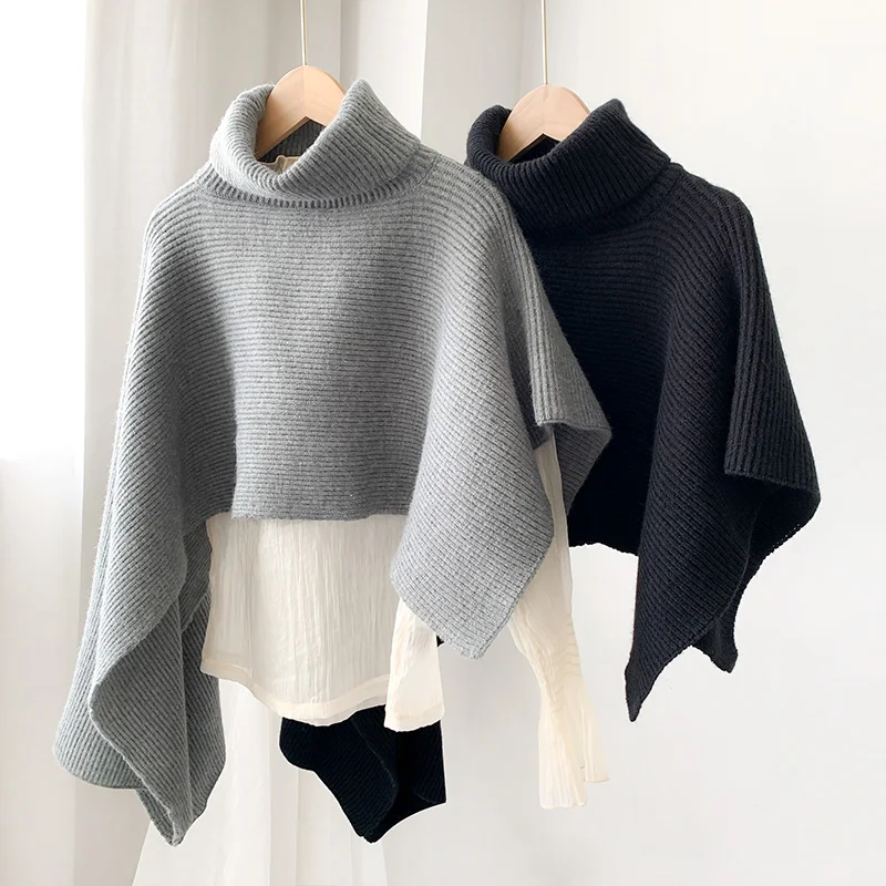 Vintage Fashion Pullover Sweater Poncho Women Elegant Turtleneck Irregular Knitted Cape Solid Cloak Top Ponchos Mujer