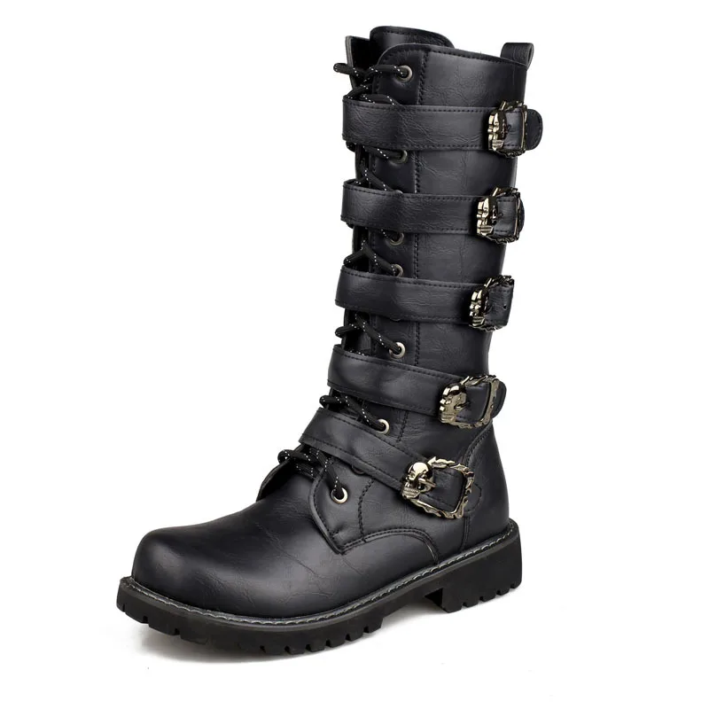 Męskie buty motocyklowe ze skóry PU Wysokie buty za kolano Gotycki pasek Punk Buty Męskie buty Boot