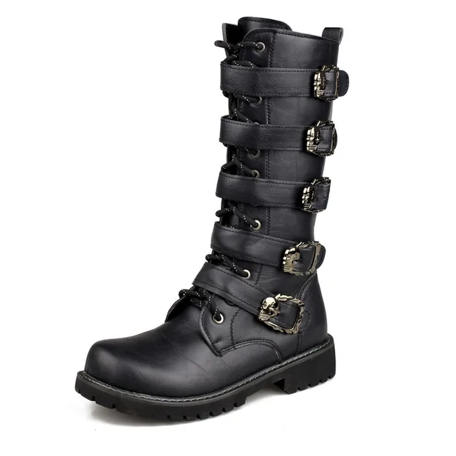 Męskie buty motocyklowe ze skóry PU Wysokie buty za kolano Gotycki pasek Punk Buty Męskie buty Boot
