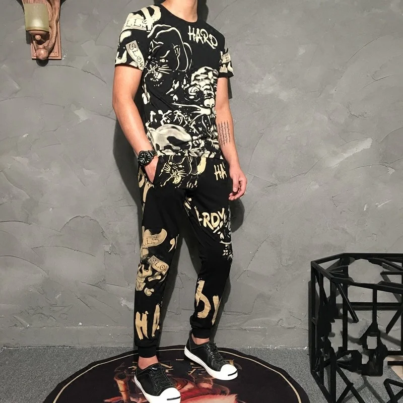 Sports Fashion Sets Mens Summer Print O-Neck Short Sleeve T-Shirts Two-Piece Suit Casual Sweatpants Running Pants 2022 New