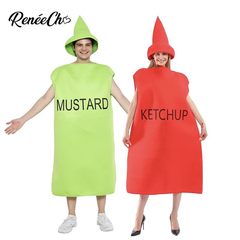 Reneecho Ketchup And Mustard Costume Halloween Couples Costumes for Adults Mascot Costume Food Cosplay For Purim Carnival