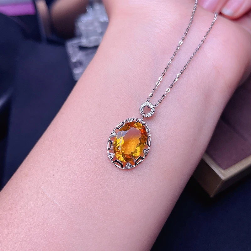 Natural citrine necklace, 925 silver, luxury design, Lucky Fortune Yellow Crystal