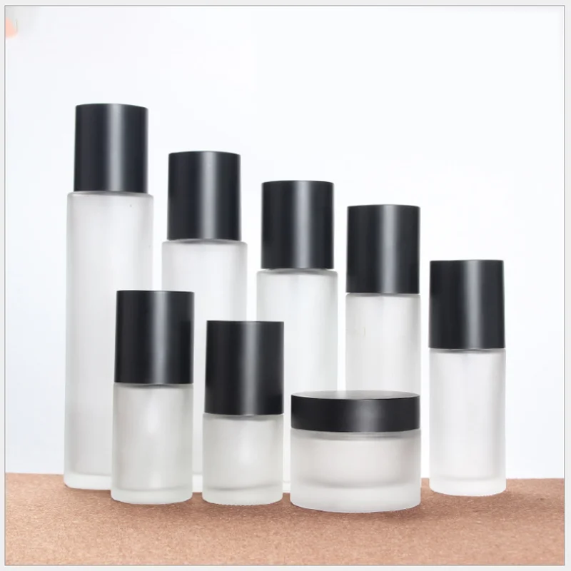 

New 20ml 30ml 50ml 60ml 80ml 100ml 120ml full black cap frosted/matte glass bottle spray pump lotion bottles 1oz 2oz 3oz