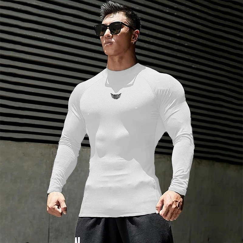 Compression Shirt Running Long Sleeve T-shirt Men Hight Collar Quick Dry Sportswear Elasticity Tight Bodybuilding Gym Clothing