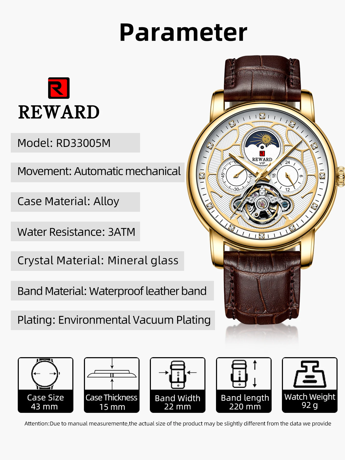 REWARD Men Dress Watch Automatic Mechanical Wristwatch Genuine Leather Luminous Tourbillon Wrist Watches Gift for Father Husband