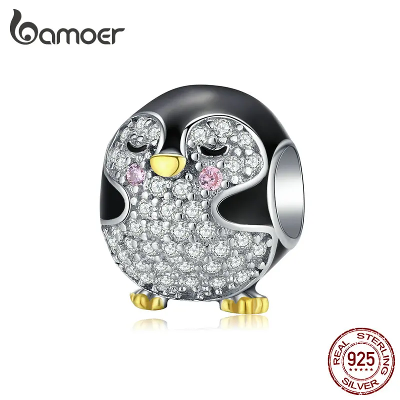 

bamoer Authentic 925 Sterling Silver Penguin Baby Round Metal Beads for Women Original Bracelet Enamel Charm for Bangle BSC126