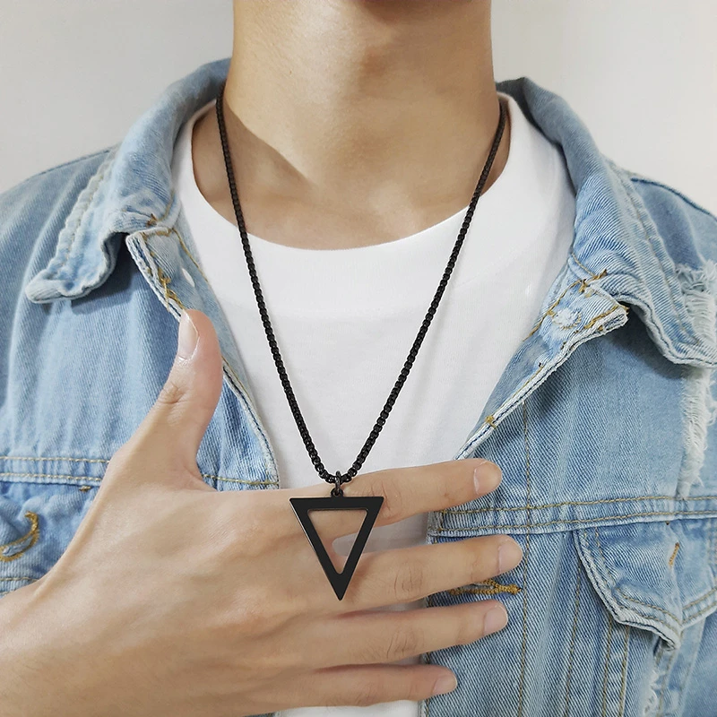 Vnox Geometric Men's Necklaces,Hollow Triangle Pendant,Minimalist Metal Stainless Steel Male Simple Casual Collar Jewelry image 4