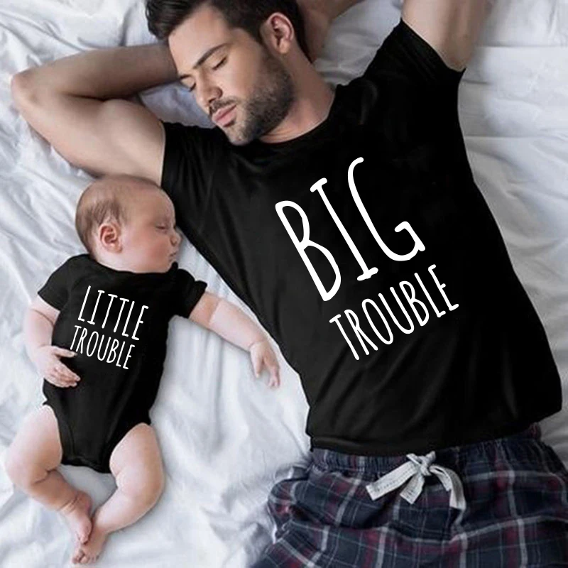 Gift for Him Gifts for Dad tshirt BIG TROUBLE daddy &LITTLE TROUBLE baby Matching Shirts Father and Son Funny Shirts Family Tops