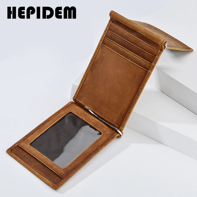 HEPIDEM RFID High Quality Crazy Horse Genuine Leather Slim Wallet 2020 New Front Pocket Money Dollar Bill Purse for Men HW2020