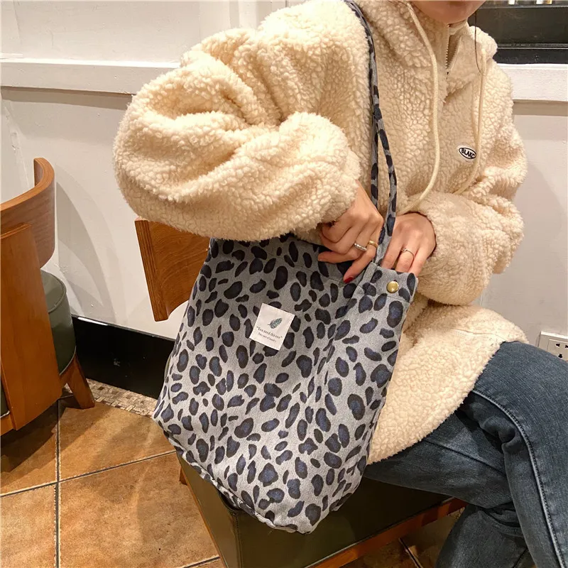 Women Corduroy Shoulder Bags Canvas Lining Leopard Design Eco