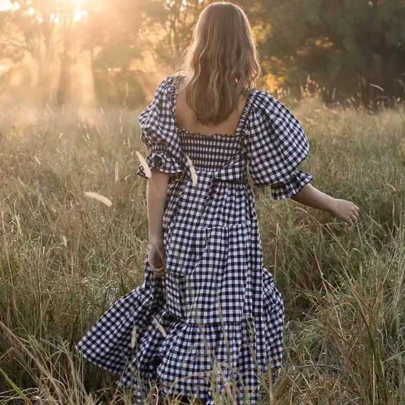 Boho Inspired black white gingham cotton summer dress for women bow tied smocked bust vintage maix dress new boho beach dress