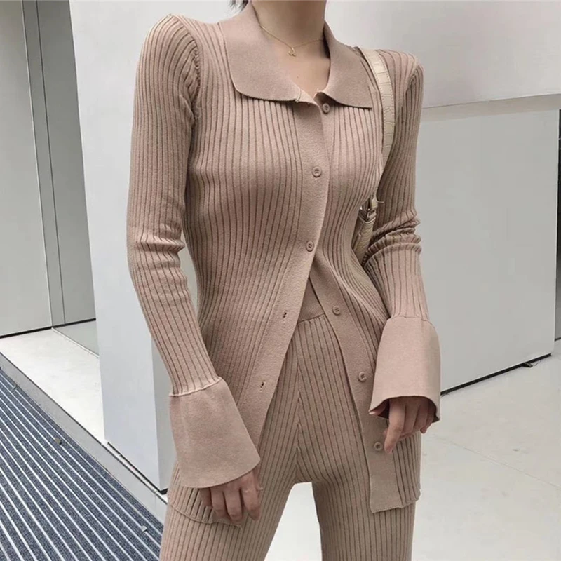 Knitted Cardigan Two Piece Sets Women Slim Sweater Suits Casual Solid Tops Female Fleece Pants Suits Fashion Streetwear Outfits