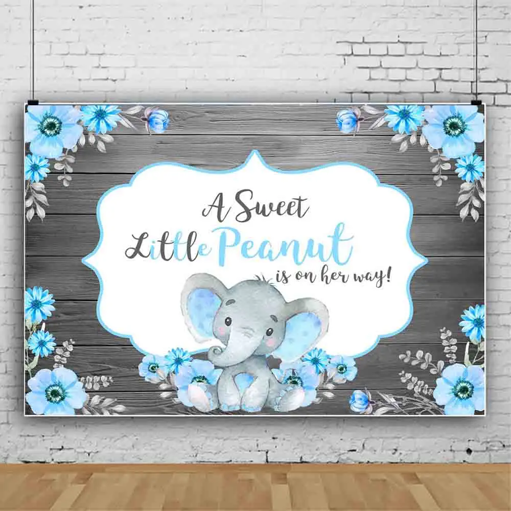 Mocsicka Baby Shower Wood Backdrop Sweet Little Elephant Blue Flowers Newborn Photography Props Child Birthday Custom Background