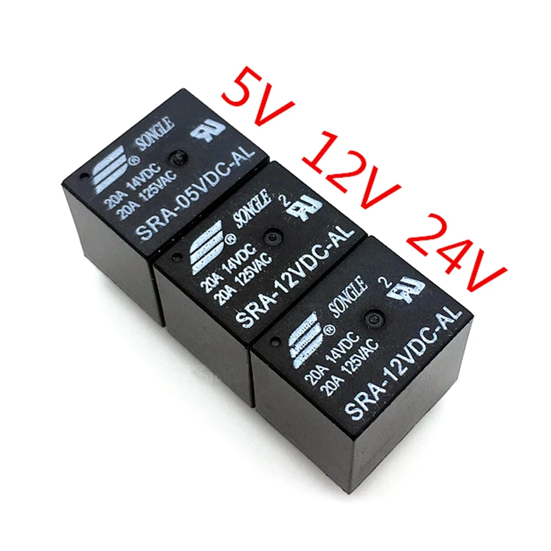 

100Pcs 5V 12V 24V DC Power Relay SRA-05VDC-CL SRA-12VDC-CL SRA-24VDC-CL 5Pin Relays 20A PCB Type In stock Black Automobile Relay