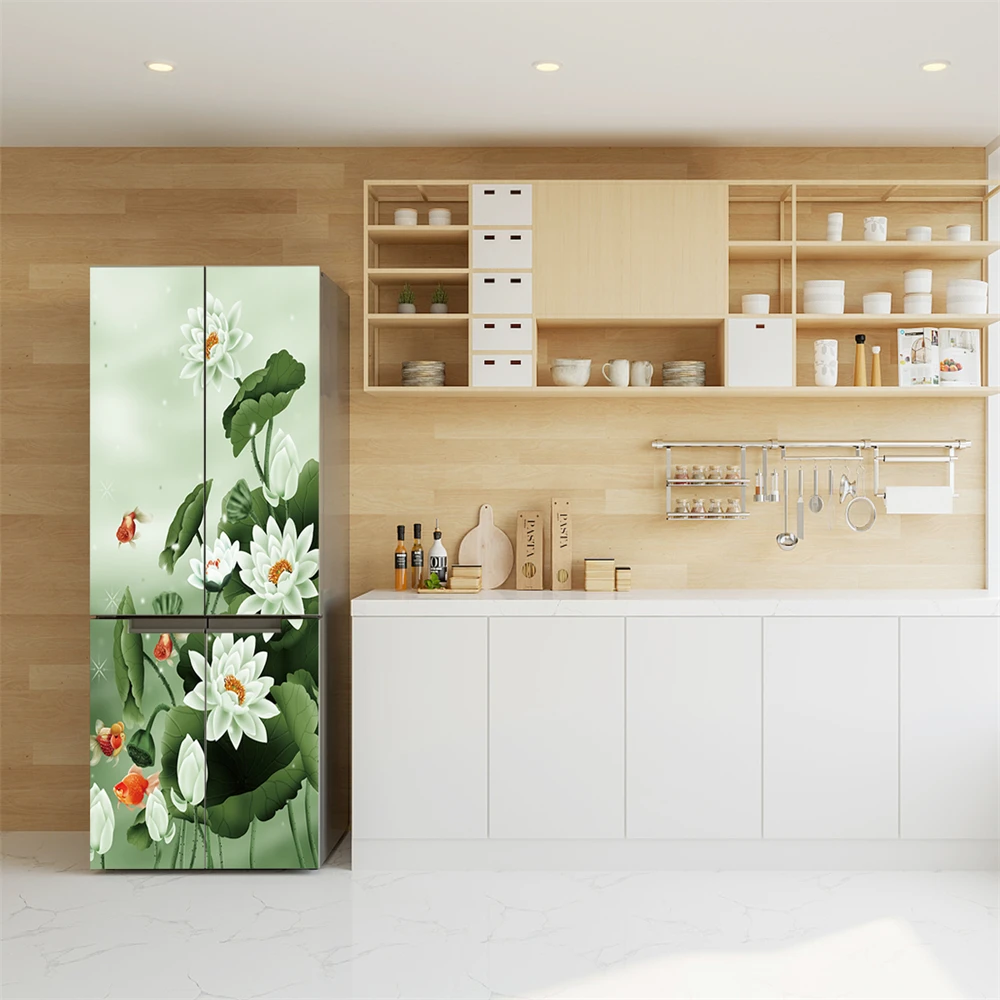 Kitchen Fridge Sticker Vinyl Refrigerator Wallpaper Full Covers Self-adhesive Lotus Flower Mural Freezer Film Decor Poster Decal