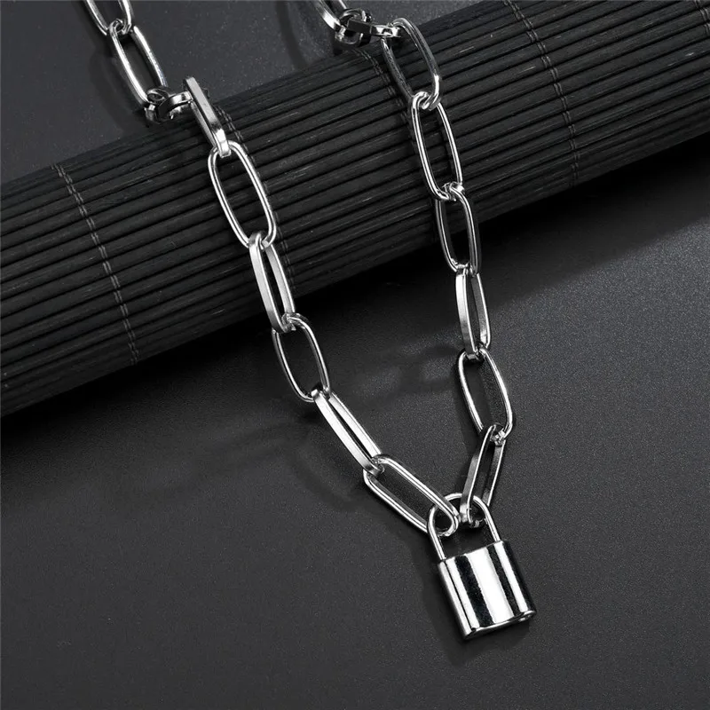 Simple Rock Choker Lock Necklace Layered Chain On Neck With Lock Punk Jewelry Mujer Key Padlock Pendant Necklace For Women Gift