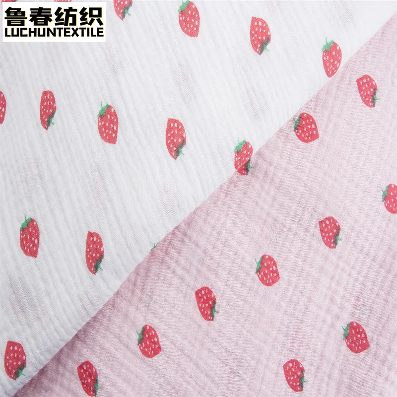 Strawberry Printed Cotton Crepe Fabric Cotton Double Gauze Fabric DIY Sewing Textile Pajamas Cloth Material