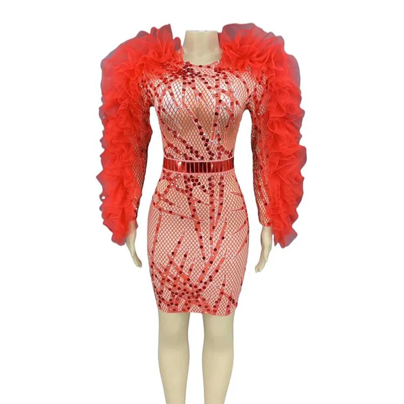 

Fashion Lantern Sleeve Plaid Dress Women Birthday Celebrate Prom Party Outfit Nightclub Bar Stage Costume Shiny Rhinestone Dress