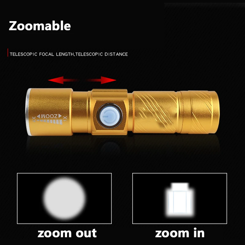 XP-G Q5 portátil USB potente linterna LED recargable linterna Flash luz bicicleta bolsillo Zoomable lámpara integrada batería 10W