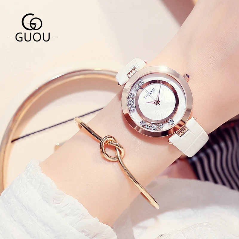 Guou Gold Plated Women Watches Red Dial Rhinestone Waterproof Female Clock Watch Leather Strap Simple Ladies Wristwatches Girls