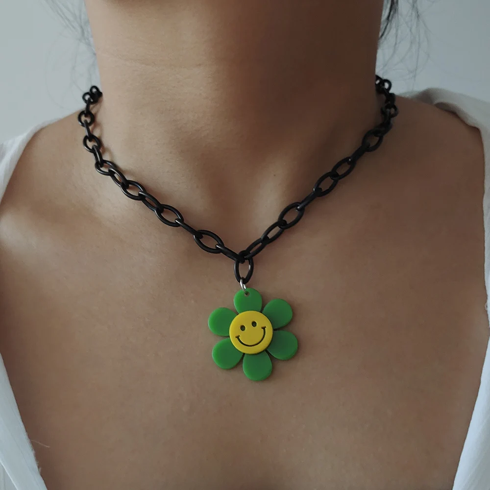 ZX New Large Sunflower Face Pendants Necklace for Women Handmade Acrylic Chain Chokers Necklace Girls Fashion Jewelry Wholesale