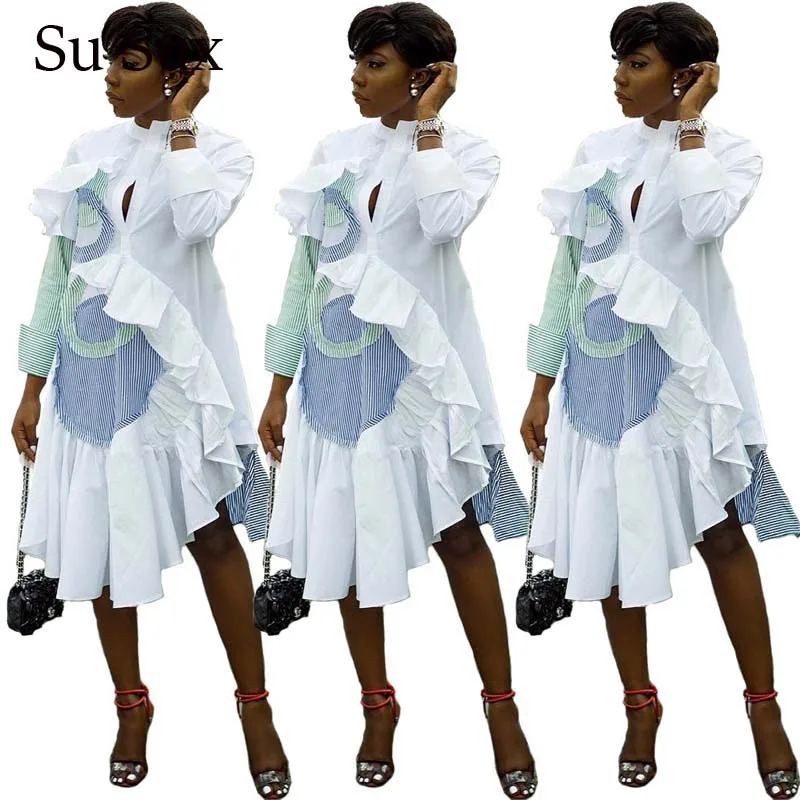 

2020 Spring Shirt Dress Women African Clothing Striped Print Long Sleeve Ruffles Irregularity Patchwork Blouse Dress Vestidos