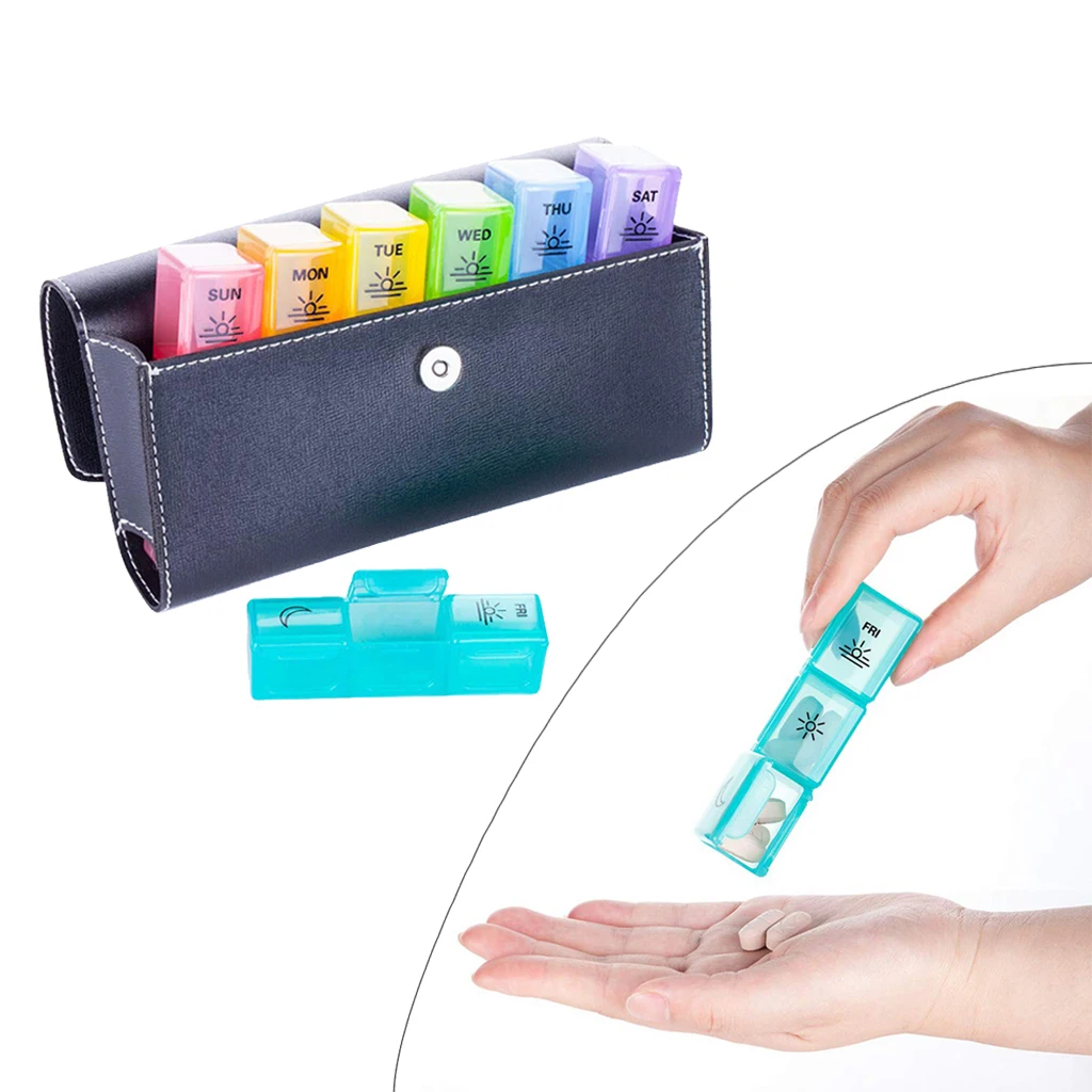 Pill Organizer Dipenser 7 Day Weekly 3 Times A Day Travel Storage Box With PU Leather Bag