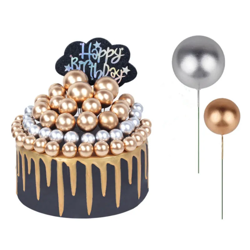 10PC/Bag 2/2.5/3/4CM Cake Decoration Golden Ball Silver Ball Decoration Plug-in Birthday Party Chocolate Dessert Cake Decoration